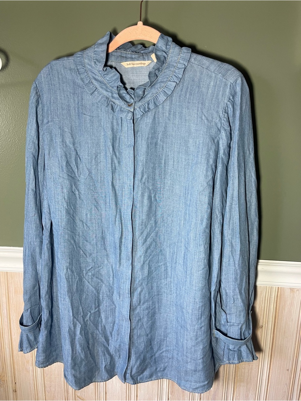 Soft Surroundings Chambray Ruffle-Neck Button Front Shirt in Light Blue
